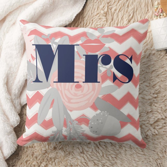 Birde Mrs Lips Navy Coral Grey Zig Zag Floral Cushion (Blanket)