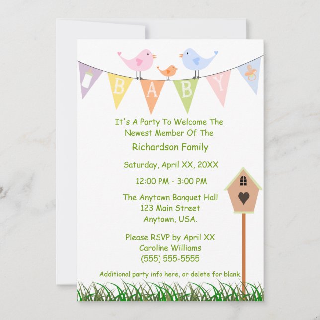 Birdhouse And Birds On A Baby Banner Baby Shower Invitation (Front)