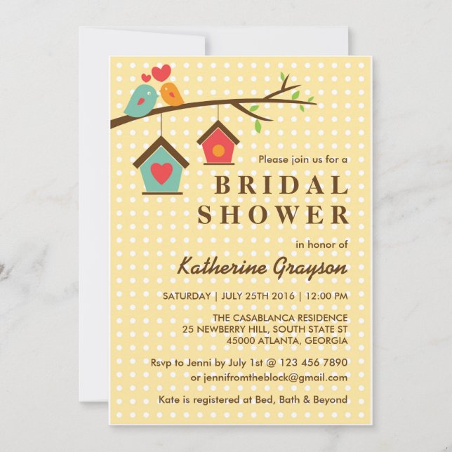 Birdhouse and Love Birds Polka Dots Invitation (Front)