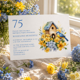Birdhouse Blue Yellow Flowers 75th Birthday Invitation