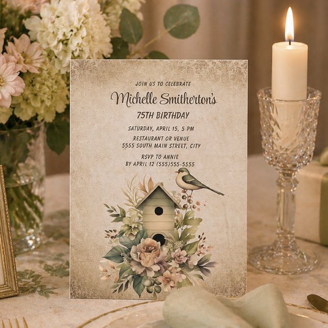 Birdhouse Botanical Nature 75th Birthday  Invitation (Rustic birdhouse 75th birthday party invitation)