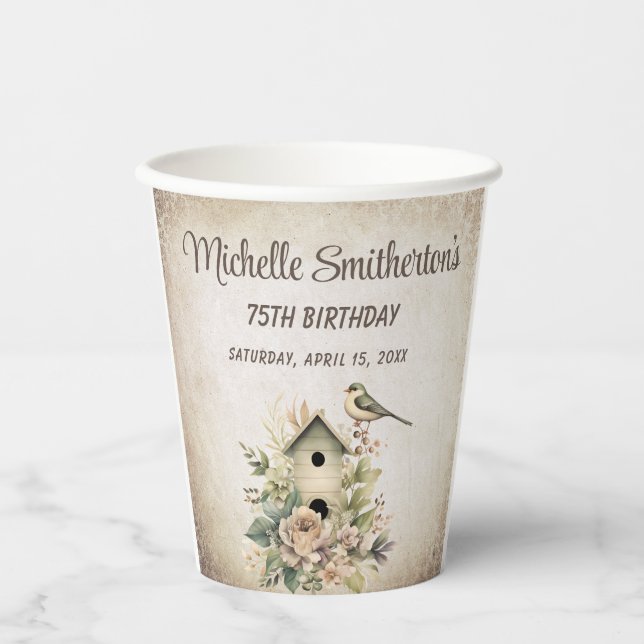 Birdhouse Botanical Nature 75th Birthday  Paper Cups (Front)