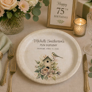 Birdhouse Botanical Nature 75th Birthday  Paper Plate