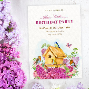 Birdhouse floral birthday invitation