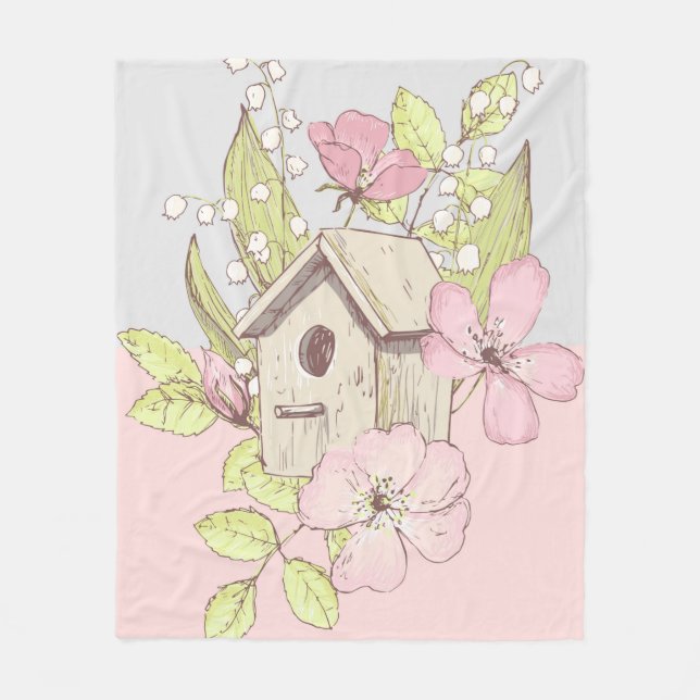 Birdhouse Floral Colorblock Fleece Blanket (Front)