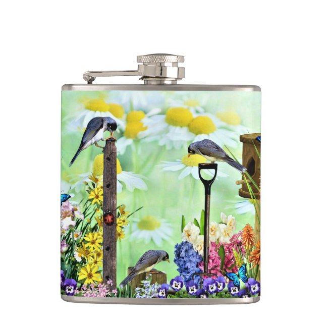 Birdhouse Flower Garden Hip Flask (Front)