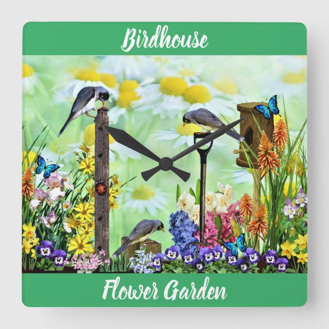 Birdhouse Flower Garden Square Wall Clock (Front)