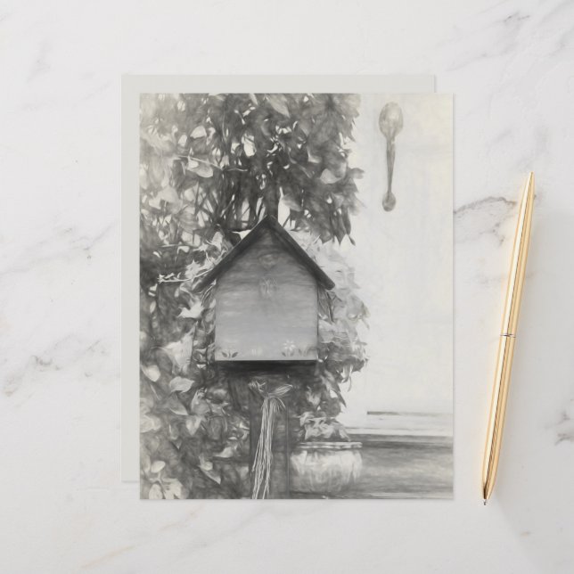 Birdhouse Vintage Rustic Black And White Sketch (Front/Back In Situ)