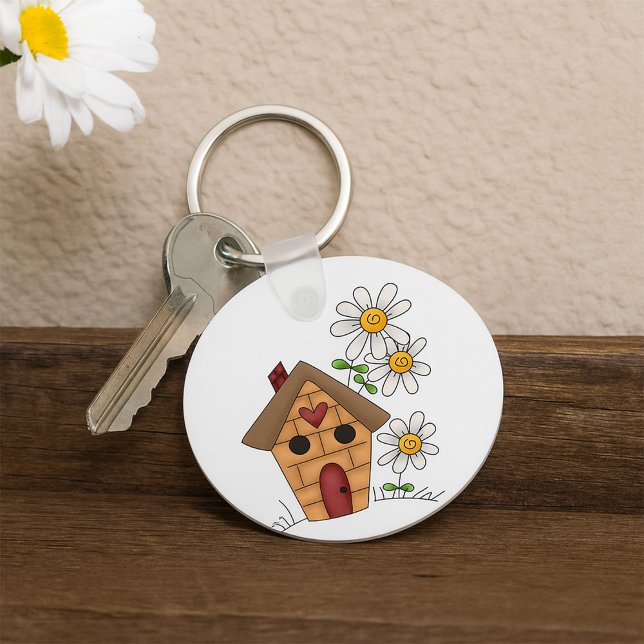 Birdhouse with Daisies and Heart Folk Art Key Ring (Creator Uploaded)