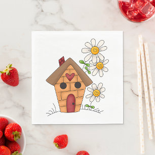 Birdhouse with Daisies and Heart Folk Art Napkin