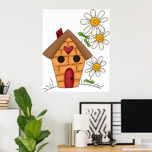 Birdhouse with Daisies and Heart Folk Art Poster