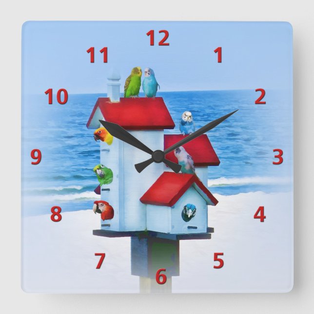 Birdhouse with Parrots and Parakeets Square Wall Clock (Front)