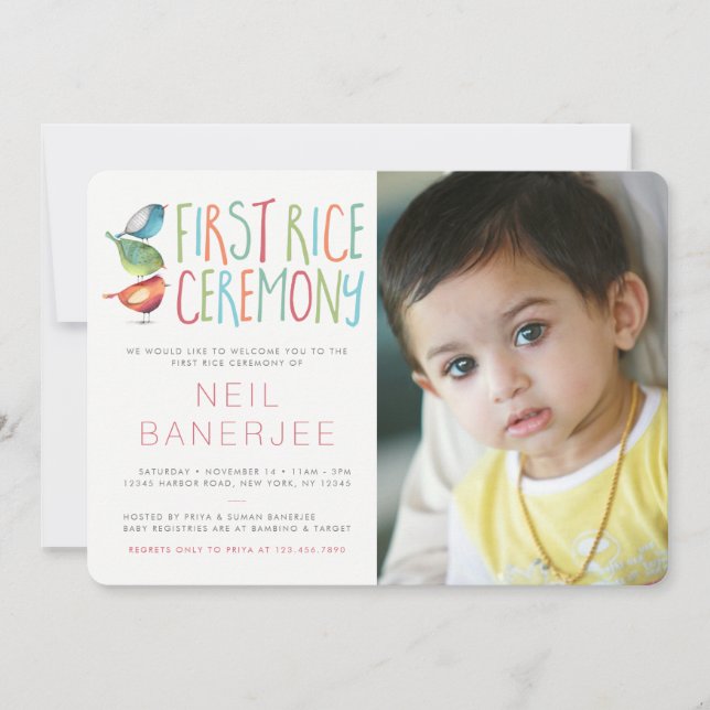 Birdie First Rice Ceremony Photo Invitation (Front)