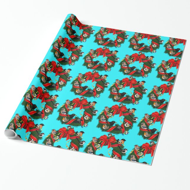 Birdorable European Garden Birds Christmas Wreath Wrapping Paper (Unrolled)