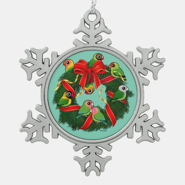 Birdorable Lovebirds Christmas Wreath Snowflake Pewter Christmas Ornament (Front)