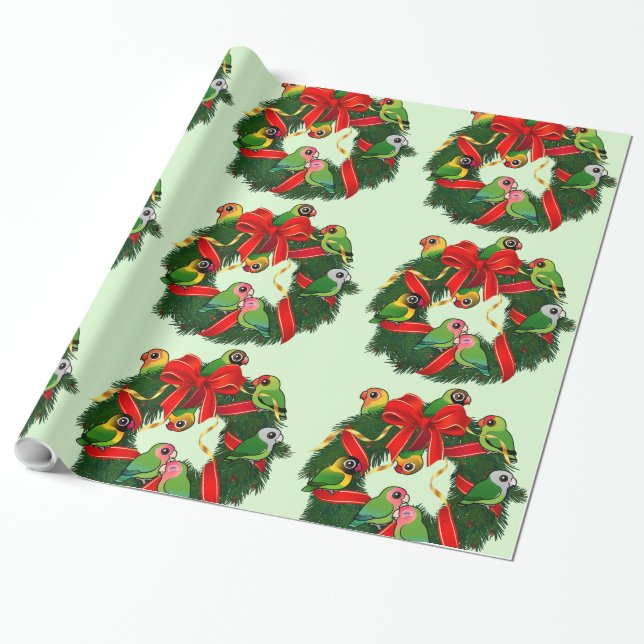 Birdorable Lovebirds Christmas Wreath Wrapping Paper (Unrolled)