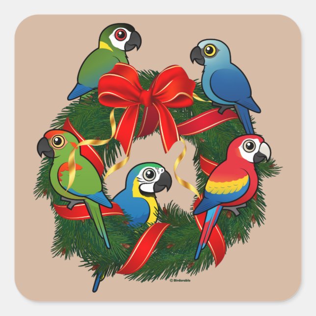 Birdorable Macaws Christmas Wreath Square Sticker (Front)