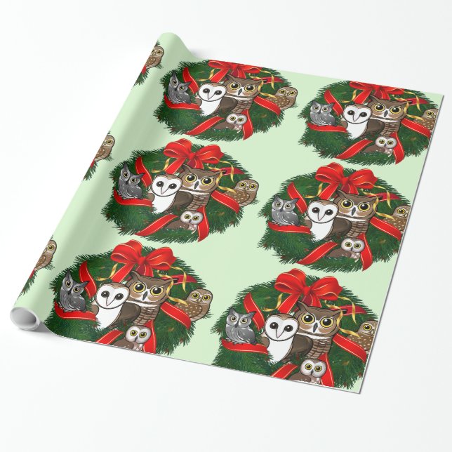 Birdorable Owls Christmas Wreath Wrapping Paper (Unrolled)