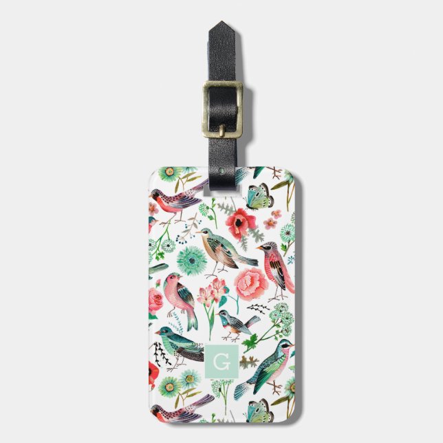 Birds all-over print with Monogram   Luggage Tag (Front Vertical)