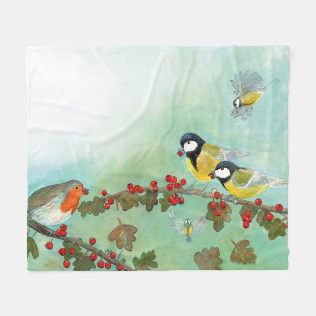 Birds and Berries  Fleece Blanket (Front (Horizontal))