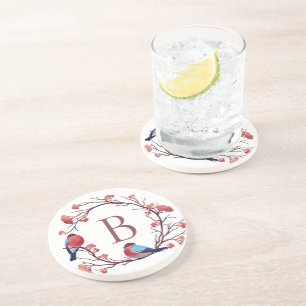 Birds and Berries Wreath Monogram Coaster