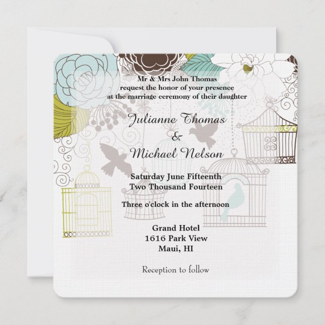 Birds and Bird Cages Wedding Invitation (Front)