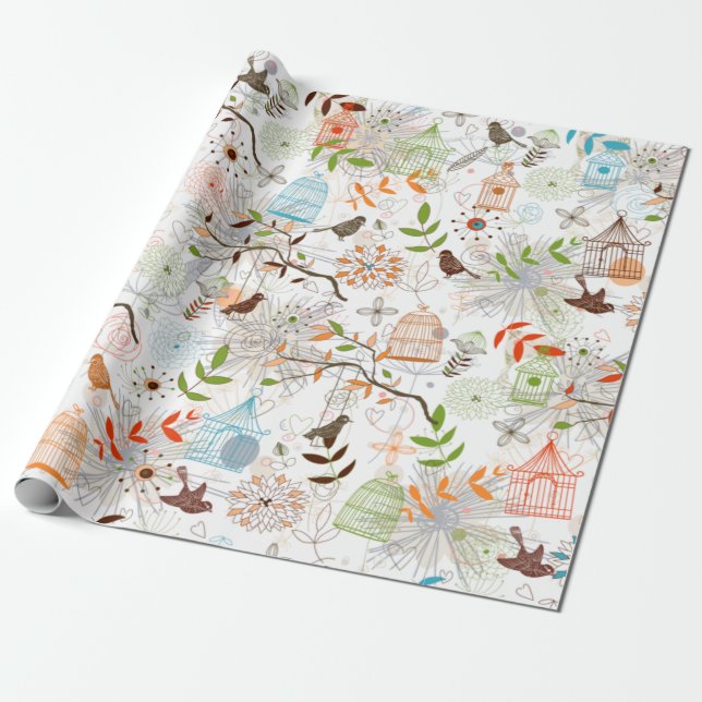 Birds and Birdcages Wrapping Paper (Unrolled)