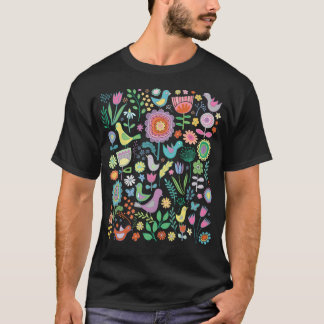 Birds And Blooms - Pastels On Black - Pretty Flora T-Shirt