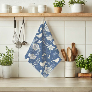 Birds and Blossoms Blue & Cream  Tea Towel