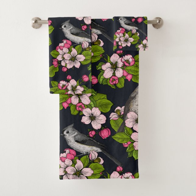 Birds and Blossoms on black Bath Towel Set (Insitu)