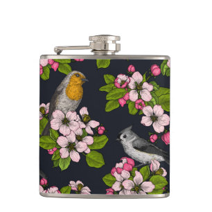 Birds and Blossoms on black Hip Flask