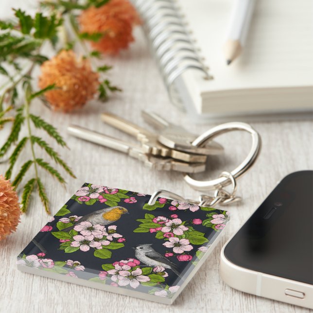 Birds and Blossoms on black Key Ring (Front Right)