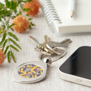 Birds and Blossoms on black Key Ring