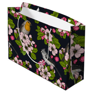 Birds and Blossoms on black Large Gift Bag