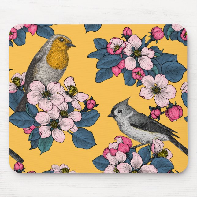 Birds and Blossoms on black Mouse Pad (Front)