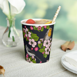 Birds and Blossoms on black Paper Cups