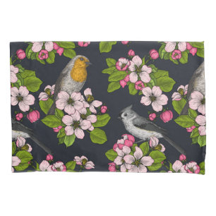 Birds and Blossoms on black Pillowcase