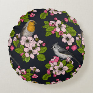 Birds and Blossoms on black Round Cushion
