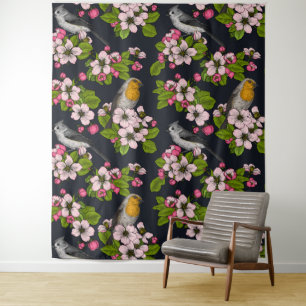 Birds and Blossoms on black Tapestry