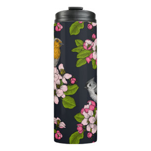 Birds and Blossoms on black Thermal Tumbler