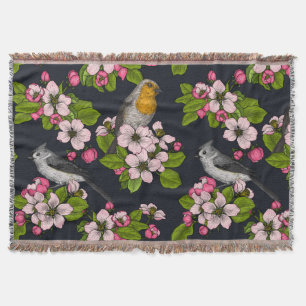 Birds and Blossoms on black Throw Blanket