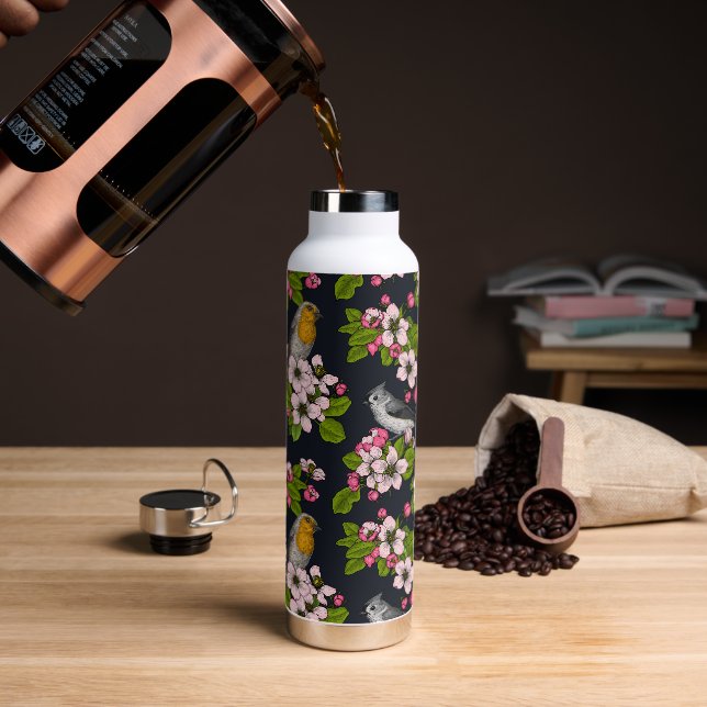 Birds and Blossoms on black Water Bottle (Coffee)