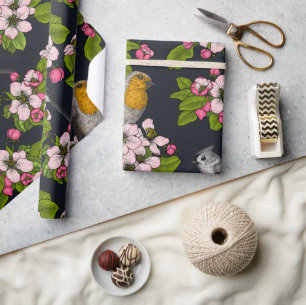 Birds and Blossoms on black Wrapping Paper