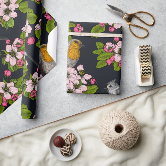 Birds and Blossoms on black Wrapping Paper (Crafts)