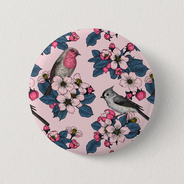 Birds and Blossoms on pink 6 Cm Round Badge (Front)
