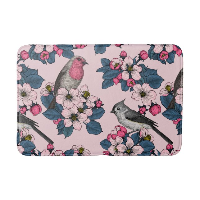 Birds and Blossoms on pink Bath Mat (Front)