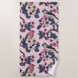 Birds and Blossoms on pink Beach Towel