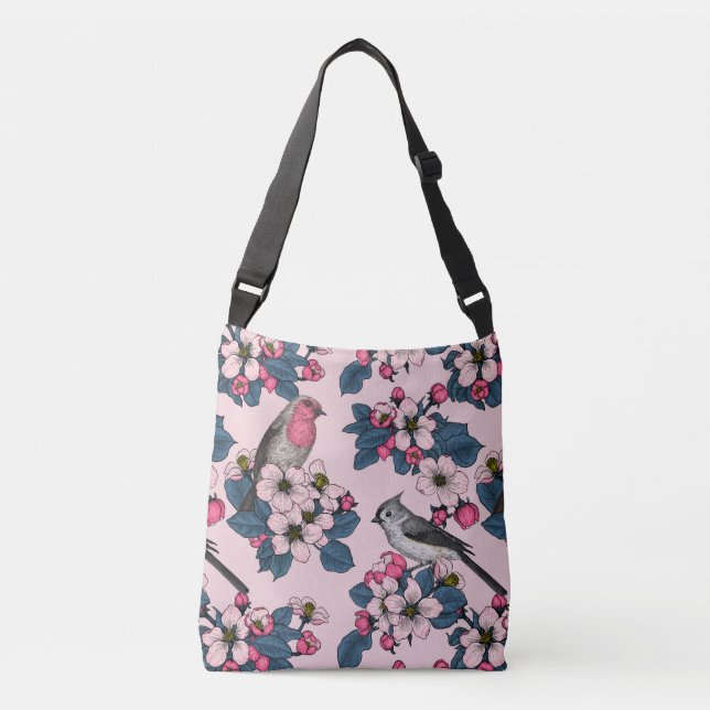 Birds and Blossoms on pink Crossbody Bag (Front)