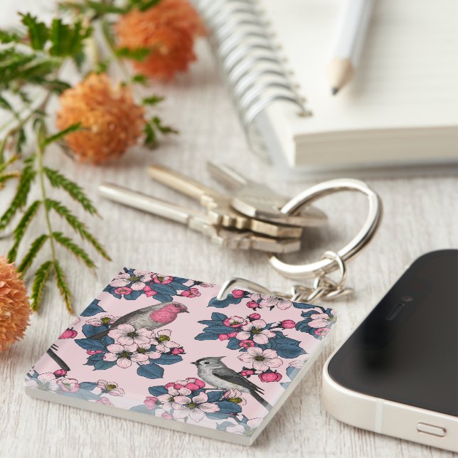 Birds and Blossoms on pink Key Ring (Front Right)