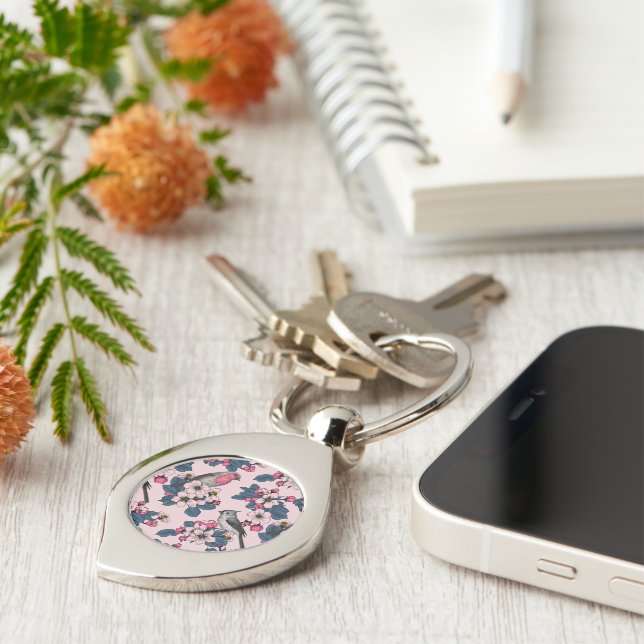 Birds and Blossoms on pink Key Ring (Side)